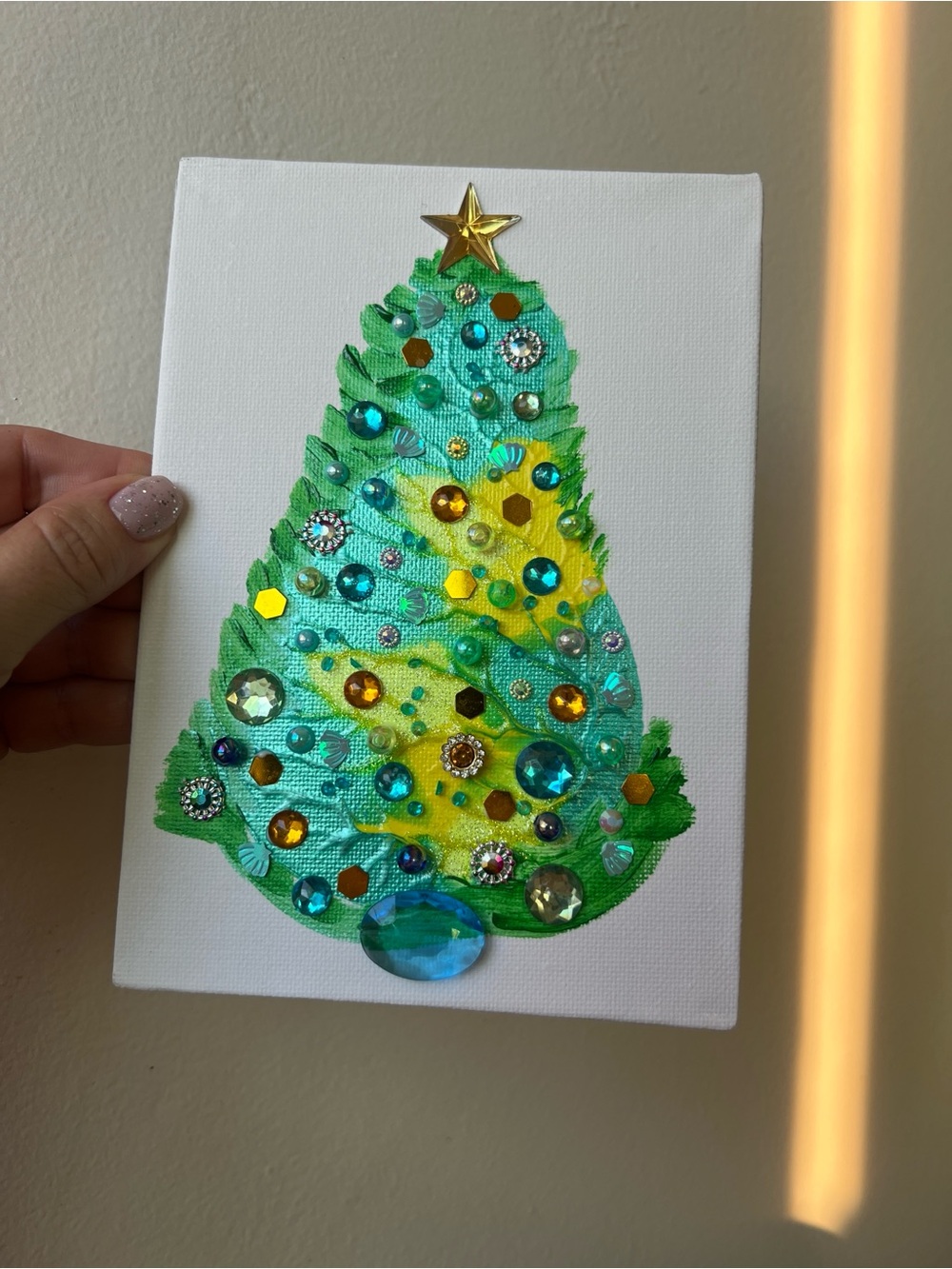 Embellished Green & Teal Holiday Tree Canvas Aqua & Gold Jeweled Christmas Tree - Picture 6 of 10